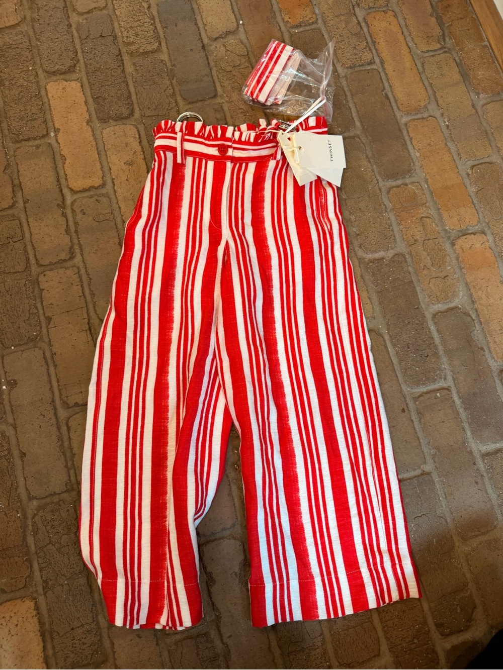 Twin-Set Red and White Striped Paperbag Waist Shorts
